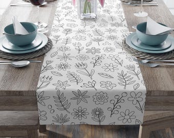 Black and White Floral Table Runner for Home Decor, Spring Summer Table Decor, Kitchen Runner, Dining Decor