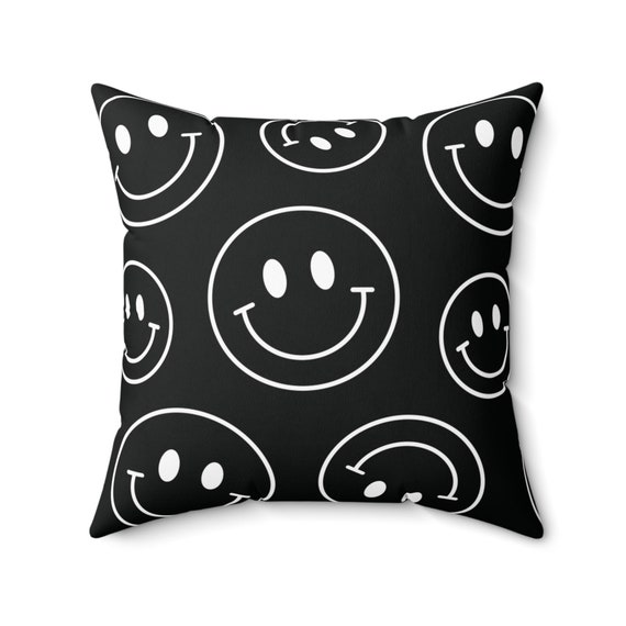 Smiley Gesicht Kissen: Schwarzes Wildlederimitat Kissen, Happy Face Kissen, Jugendzimmer Dekor