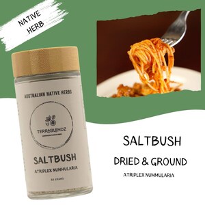 May include: A glass jar with a wooden lid containing dried and ground saltbush, a native Australian herb. The label reads "Saltbush, Atriplex nummularia, 35 grams". The jar is sitting on a green background with a fork holding a portion of spaghetti with tomato sauce.