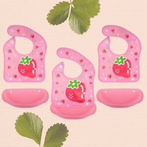 3-Pack Baby Bib for Girl Toddler Feeding Bib Waterproof Adjustable Lightweight Soft Baby Food Bibs BPA Free Washable Pink Strawberry, Gababy