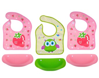 Baby Bib Girl Toddler Feeding Bib Waterproof Adjustable Lightweight Soft Baby Food Bibs BPA Free (3-Pack) Washable Strawberry Owl, Gababy