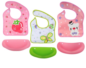 Baby Girl Boys Toddler Feeding Bib Waterproof Adjustable Lightweight Soft Baby Food Bibs BPA Free 3-Pack Washable, Strawberry Butterfly Pig