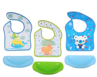 Baby Bib Boy Toddler Feeding Bib Waterproof Adjustable Lightweight Soft Baby Food Bibs BPA Free (3-Pack) Washable Whale Elephant Bear Gababy