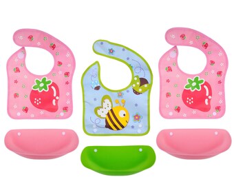 Baby Bib Girl Toddler Feeding Bib Waterproof Adjustable Lightweight Soft Baby Food Bibs BPA Free 3-Pack Washable, Pink Strawberry Bee Gababy