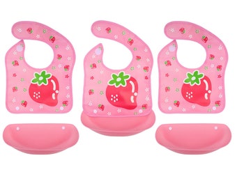 Baby Girl Boys Toddler Feeding Bib Waterproof Ajustable Lightweight Soft Baby Food Bib BPA Free (3-Pack) Washable Bibs (3 Pink Strawberry)