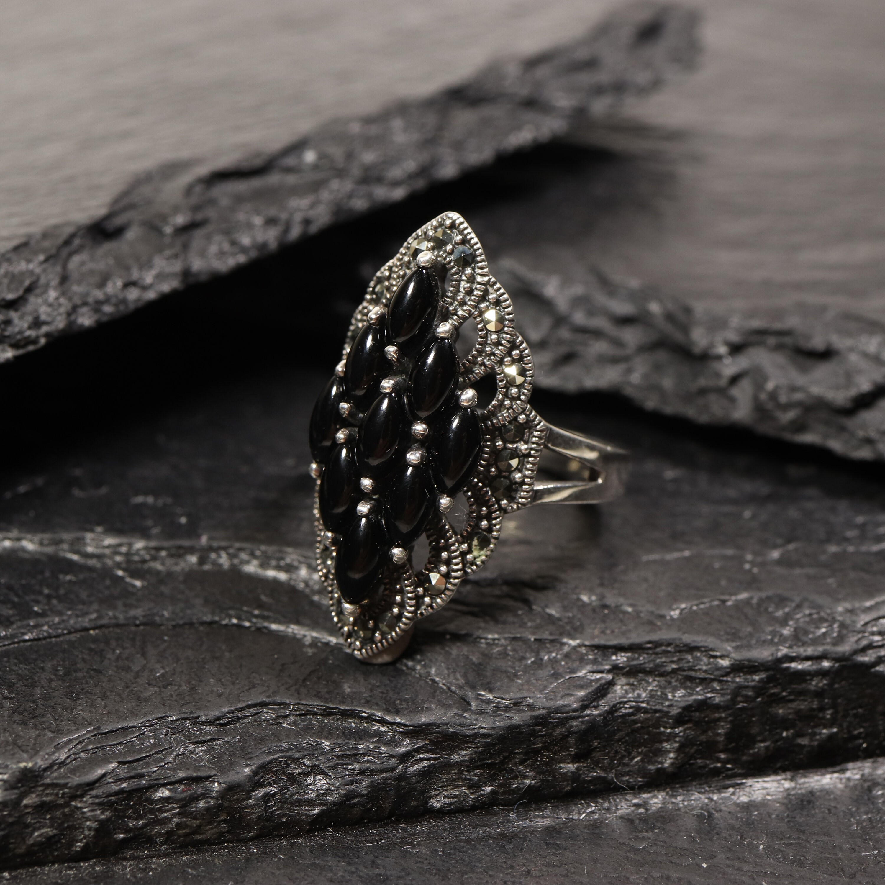 Bague Ancienne Marquise En Argent Sterling - Sertie D'Onyx Noir Octogonal, Taille 59