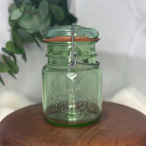 Antique Grandma Wheaton&#39;s Green Jar with Wire Sealer- Vintage Kitchen Decor, Canning Supplies