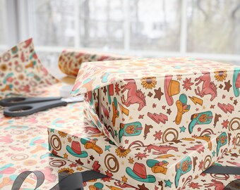 Papel de regalo estilo western de 90 g/m², papel de bellas artes, papel de regalo de vaquera, papel de regalo de cumpleaños con temática de rodeo, papel de regalo con sombrero de vaquero, botas y caballo.