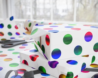 Rainbow Large Polka Dot Wrapping Paper Fine Art 90gsm - Metallic Foil Look Celebration Gift Wrap