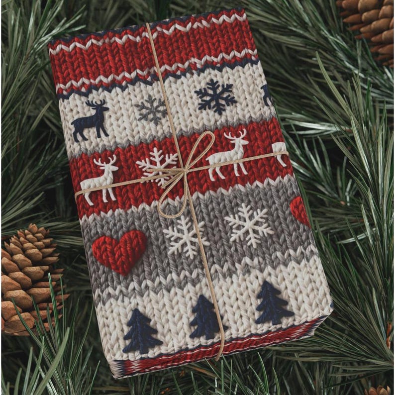 Nordic Faux Knitted Christmas Wrapping Paper, Scandinavian Holiday Gift Wrap, Cozy Sweater Print Fine Art 90gsm Paper, Winter Reindeer Wrap image 5