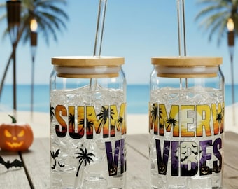 Summerween Sipper Glass, Halloween Summer Vibes Glass, Spooky Beach Cup with Bamboo Lid, Cute Fall Iced Coffee Glass Can, Summerween gifts