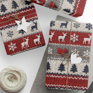 Nordic Faux Knitted Christmas Wrapping Paper, Scandinavian Holiday Gift Wrap, Cozy Sweater Print Fine Art 90gsm Paper, Winter Reindeer Wrap image 3