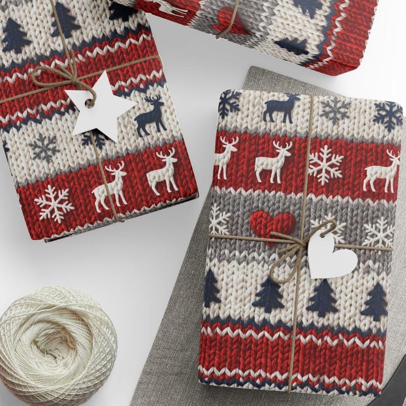 Nordic Faux Knitted Christmas Wrapping Paper, Scandinavian Holiday Gift Wrap, Cozy Sweater Print Fine Art 90gsm Paper, Winter Reindeer Wrap image 3