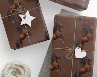 Large Horses Fine Art 90gsm Wrapping Paper, Equestrian Gift Wrap Sheets, Western Horse Lover Rustic Brown Horse All Occasion Gift Wrap