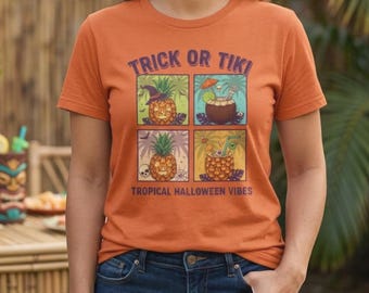 Summerween Trick or Tiki Tropical Halloween Shirt Fun Vacation Costume Top Beachy Halloween Tee Luau Jack-o-Lantern Island Style Spooky Tee