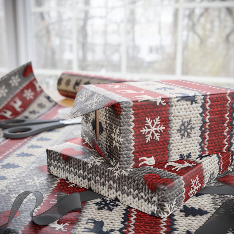 Nordic Faux Knitted Christmas Wrapping Paper, Scandinavian Holiday Gift Wrap, Cozy Sweater Print Fine Art 90gsm Paper, Winter Reindeer Wrap image 1