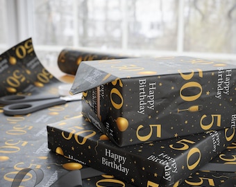 50th Birthday Wrapping Paper Black and Gold Luxury Gift Wrap, Elegant Happy 50 Birthday Paper,  90gsm Fine Art Milestone Party Wrap