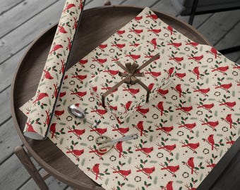 Cardinal Christmas Fine Art 90gsm Wrapping Paper For Holiday Gifts with Red Cardinals, Holly, Pinecones and Winter Greenery Gift Wrapping