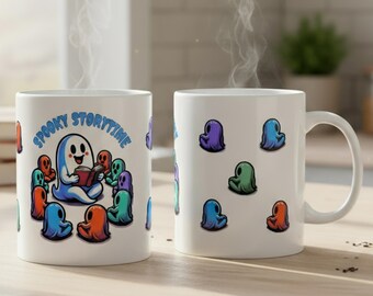 Taza de café con cuentos de miedo, taza de lectura con fantasmas, taza de Halloween para amantes de los libros, taza de café con fantasma adorable, regalo para amantes de los libros en la temporada de Halloween