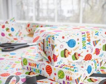 Happy Birthday Wrapping Paper, Fine Art 90gsm Gift Wrap with Balloons, Cupcakes, Party Hats, Confetti Cheerful Colorful Gift Wrap