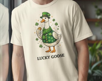 Lucky Goose St Patricks Day-skjorta med tatueringsstil, gås, klöver, rolig irländsk grafisk skjorta, söt St Patricks Day-outfit