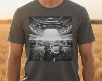 Funny Cat UFO Shirt, Cat Taking Selfie with Alien Spaceship, Surreal Cat Humor Tee, Space Nerds and Sci-Fi Fans
