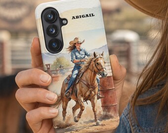 Funda personalizada para teléfono estilo vaquera, funda con nombre personalizado estilo caballo western, regalo para chica rodeo, funda para teléfono estilo carreras de barriles, regalo para amantes de los caballos