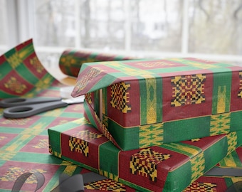 Kente Kwanzaa Fine Art 90gsm Wrapping Paper, African Print Pan-African Holiday Gift Wrap, Red Green Gold Kwanzaa Paper