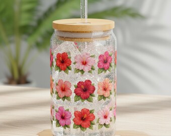 Coconut Girl Hibiscus Sipper Glass, Tropical Flower Glass Cup with Straw, Summer Drinkware, Tropical Ice Coffee Cups, Gift for Her