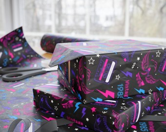 Vintage 1985 Fine Art Geschenkpapier 80er Jahre Retro 40 Geburtstag Geschenkverpackung nostalgisch Neon Rollschuh Kassettenmuster Verpackung