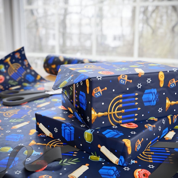 Hanukkah Wrapping Paper 90gsm Fine Art Paper, Menorah Gift Wrap, Jewish Holiday Wrapping Paper, Dreidel Gelt Hanukkah Present Wrap