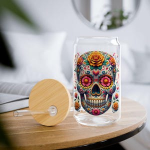 Día de los Muertos Calavera Glass, Mexican Halloween, Sugar Skull 16oz Sipper Glass, Day of the Dead Drinkware, Colorful Skeleton Floral Cup