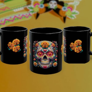 Tazza con teschio floreale per il Giorno dei Morti, tazza con teschio messicano, tazza con teschio di zucchero, tazza da caffè Taza da 11 oz, 15 oz, tazza Calavera