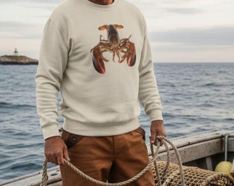 Lobster Fisherman Sweatshirt, Coastal Fishing Crewneck, Lobster Boat Workwear, Fisherman Gift Realistic Lobster Graphic