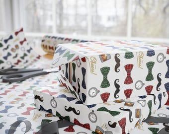 Masculine Bow Tie Wrapping Paper 90gsm Fine Art Father's Day Gift Wrap, Whiskey Cheers Men's Birthday Wrapping Paper, Gentleman Party Paper