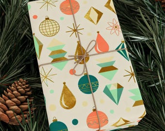 Retro Christmas Ornament Wrapping Paper, Mid Century Modern Holiday Gift Wrap, 90gsm Fine Art Paper, Vintage Christmas Wrap