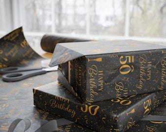 50th Birthday Wrapping Paper Black and Gold Luxury Gift Wrap, Milestone Birthday Gift Wrap Fine Art 90gsm, Happy 50 Party Decor Paper