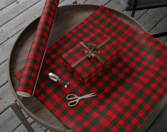 Christmas Gingham Fine Art 90gsm Wrapping Paper Red and Green Plaid Rustic Farmhouse Holiday Packaging for Christmas or Birthday Gifts