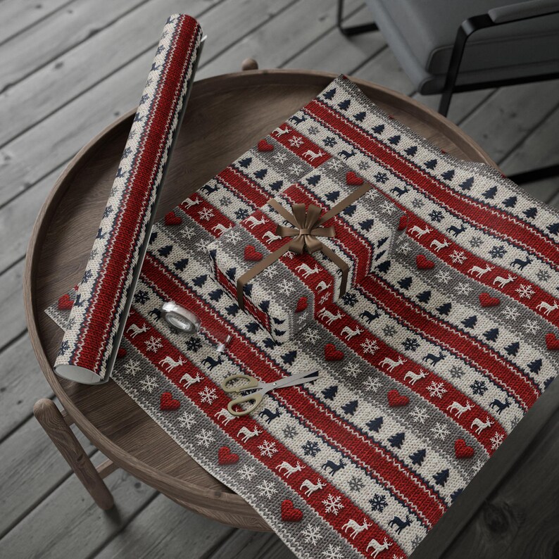 Nordic Faux Knitted Christmas Wrapping Paper, Scandinavian Holiday Gift Wrap, Cozy Sweater Print Fine Art 90gsm Paper, Winter Reindeer Wrap image 2