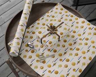 Modern Hanukkah Fine Art 90gsm Wrapping Paper Gelt and Candle Design in Gold, Blue and Silver Jewish Holiday Gift Wrap Festive Gift Wrap