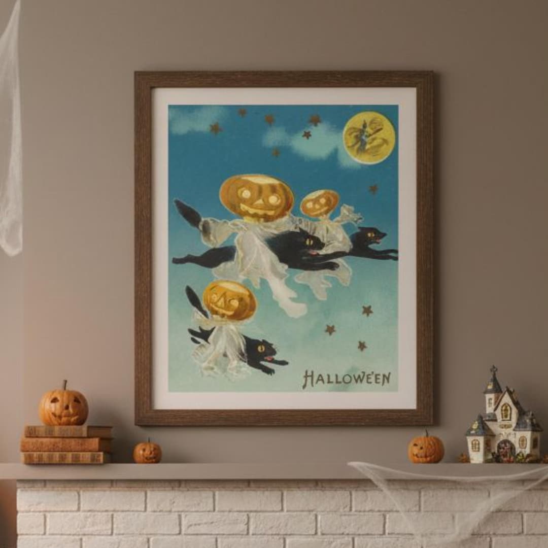 Black Cat Halloween Wall Art, Vintage Style Halloween Poster Print ...