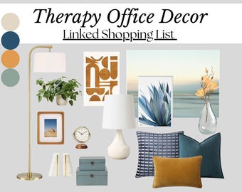 Therapy Office Decor, Therapist Office Design, Counseling Office Decoration, Therapy office decorator, Linked hopping List for office design