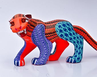 13.00" Hand Painted Oaxacan Jaguar Alebrije, Intricate Grecas & Geometric Patterns