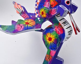 8.50" Hand Painted Oaxacan Dragon Alebrije, Floral Mexican Wood Folk Art