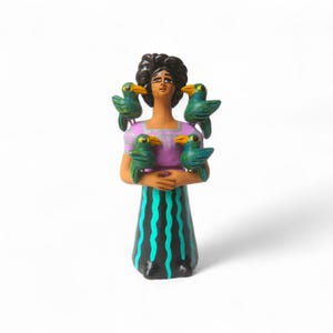 8.25&quot;Frida Kahlo Figure,Clay Figure,Mexican Characters,Clay Doll,Mexican Painter,Frida Kahlo with Parrots,United Eyebrows,Feminist Symbol