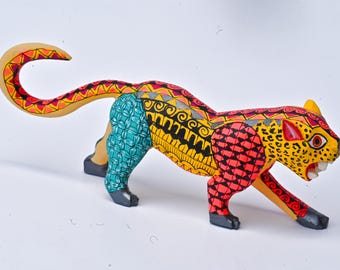 7.75" Hand Painted Oaxacan Jaguar Alebrije, Intricate Grecas & Geometric Patterns