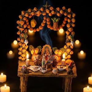 May include: A miniature wooden altar featuring a rectangular table with a decorative arch made of brown textured spheres. The altar displays small clay figurines, ceramic bowls, a central figure, and a smoking incense burner, surrounded by lit candles.
