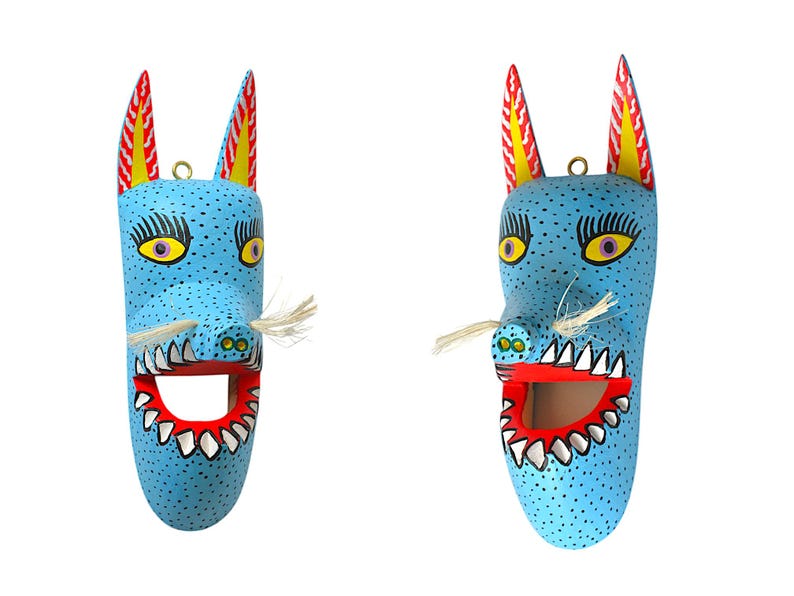 Handgjord Oaxacan Alebrije-mask, färgglad träsnideri, folkkonst bild 3