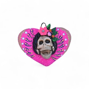 5.25&quot; Heart with Catrina Skull, Mexican Heart, Handmade by Concepcion Aguilar, Clay Heard, Day of the Dead, Wall Hanging Heart