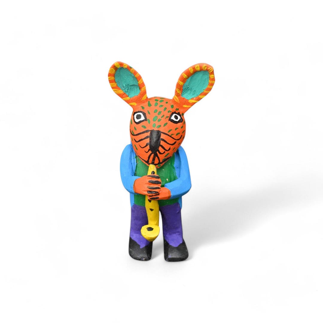 3.5 Oaxaca Wood Carving Musician Rabbit With Saxophone Mexican Folk Art ...